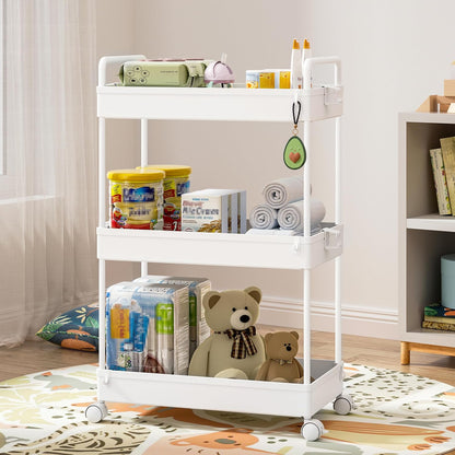 3 Tier Slim Rolling Storage Cart with Wheels Plastic Utility Cart Organizer for Snack Craft Art Postpartum Baby Diaper Nail Makeup in Bathroom Laundry Room Kitchen Bedside Narrow Space, White
