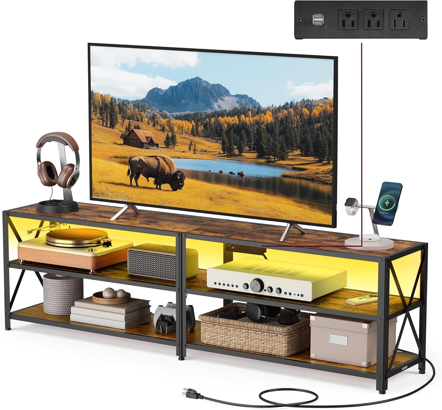 TV Stand with Power Outlets and LED Lights, for Tvs up to 75 Inches, Entertainment Center with Open Storage Shelves, TV Console Table for Living Room, Rustic Brown and Ink Black ULTV119K01