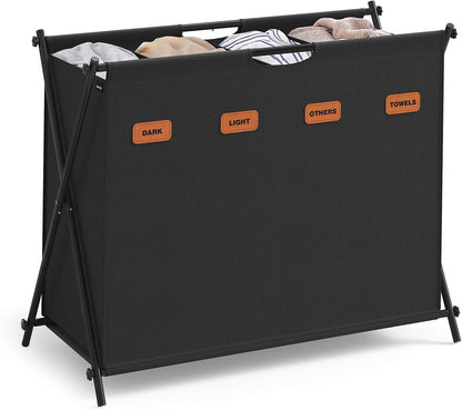 Laundry Hamper, Laundry Basket, 40.9 Gal. Laundry Sorter 4 Sections, Collapsible X-Frame, Clothes Organizer with Customizable Labels, Laundry Room, Bedroom, Bathroom, Ink Black ULCB140B01