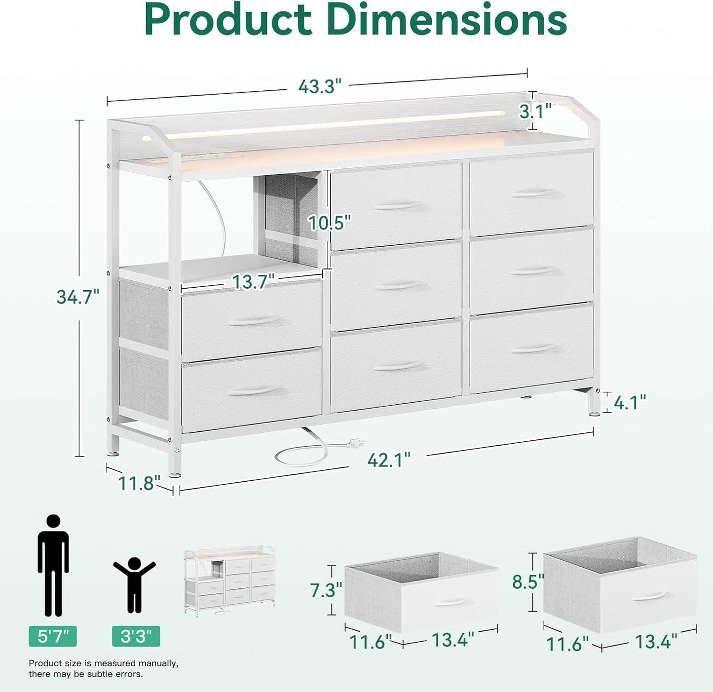 White Dresser for Bedroom with Light Strip & Power Outlet — 8 Drawers Dressers & Chest of Drawers with Shelf, Wood Top, Metal Frame, Wide Dressers for Girls Bedroom, Living Room, Hallway, Closet