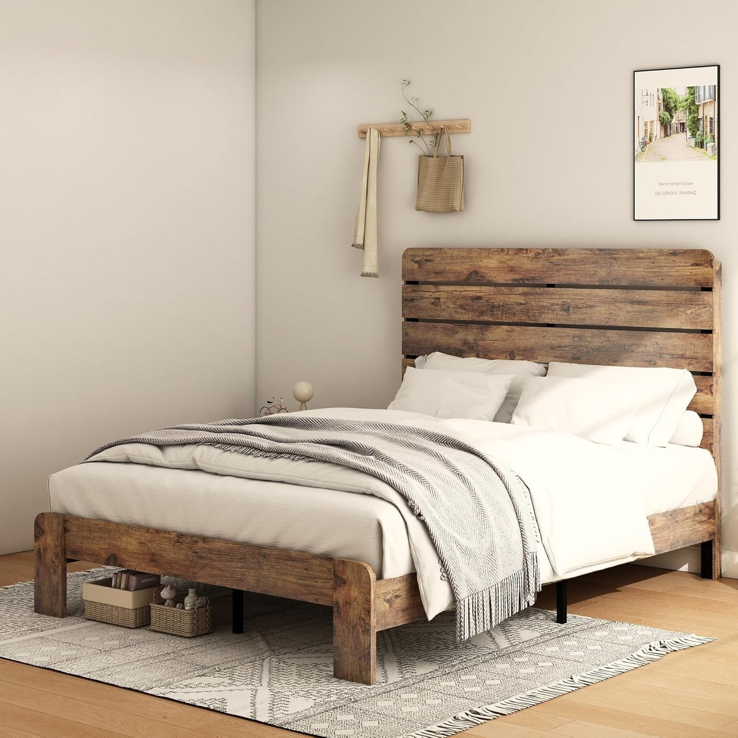 Queen Size Wooden Bed Frame with Headboard, Rustic Farmhouse Style Sturdy Bedframe with Wooden Slat Support, Noiseless, Easy to Assemble, No Spring Mattress Required. (Light Brown, Queen)