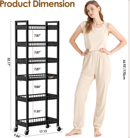 6 Tier Slim Storage Cart, Narrow Rolling Cart with Wheels, Narrow Mobile Utility Shelf Unit Organizer for Kitchen, Bathroom, Laundry Room, Living Room, Small Places, 10In(W), Black