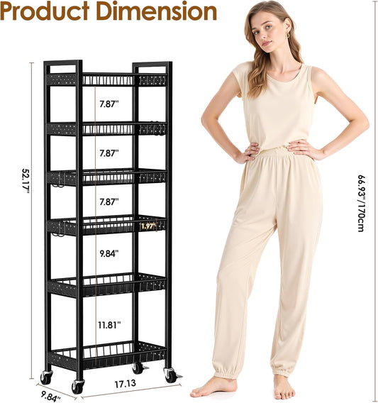 6 Tier Slim Storage Cart, Narrow Rolling Cart with Wheels, Narrow Mobile Utility Shelf Unit Organizer for Kitchen, Bathroom, Laundry Room, Living Room, Small Places, 10In(W), Black