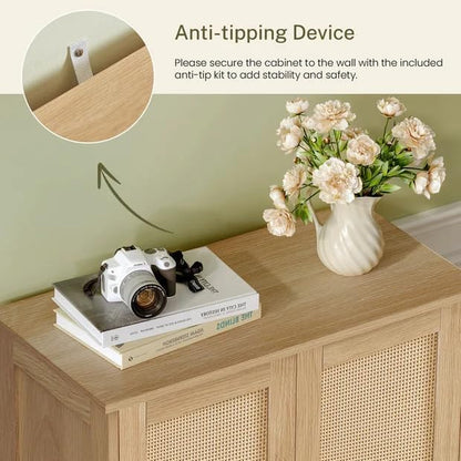 Storage Cabinet, Rattan Cabinet with Adjustable Shelf, for Living Room, Entryway, Kitchen, Home Office, Nature