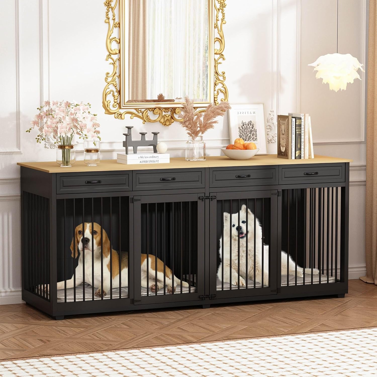 Large Dog Crate Furniture, 86.6 Inch Wooden Dog Kennel with Drawers & Divider, Heavy Duty Indoor Furniture Style Dog House with Double Rooms for Large Medium Small Dogs, Brown+Black