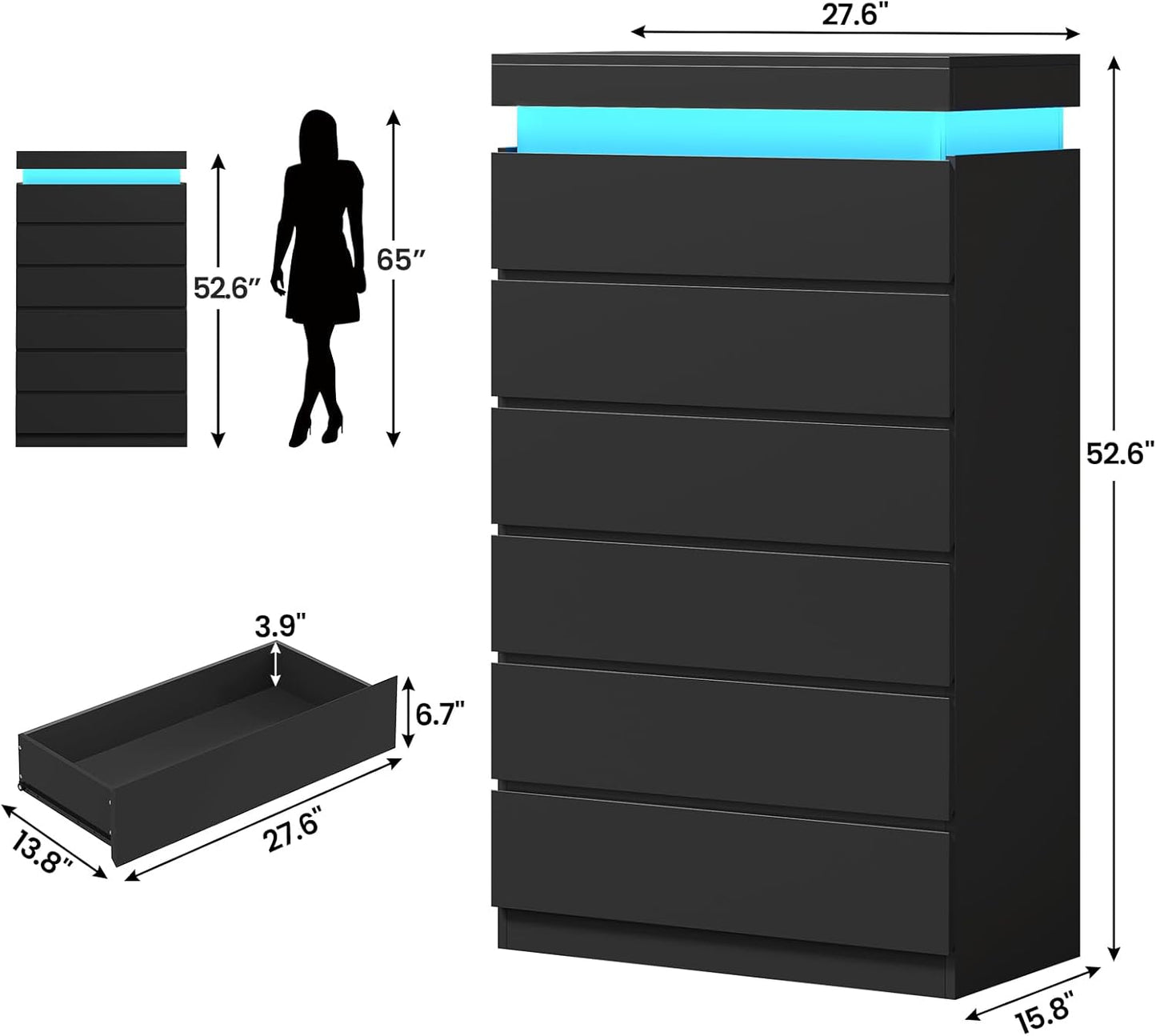 Tall 6 Drawer Dresser with LED Light, Black Modern Chest of Drawers for Bedroom,Closet Dressers with Drawers for Living Room, Entryway, Hallway