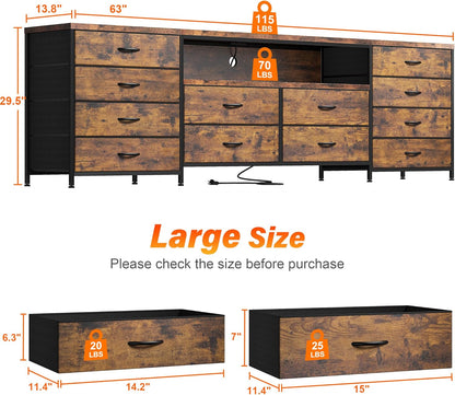 Fits 65,70 Inch Tv Stand, 63" W Entertainment Center with LED Lights & Power Outlets, 12 Long Fabric Dresser for Bedroom, Hallway, Rustic Brown