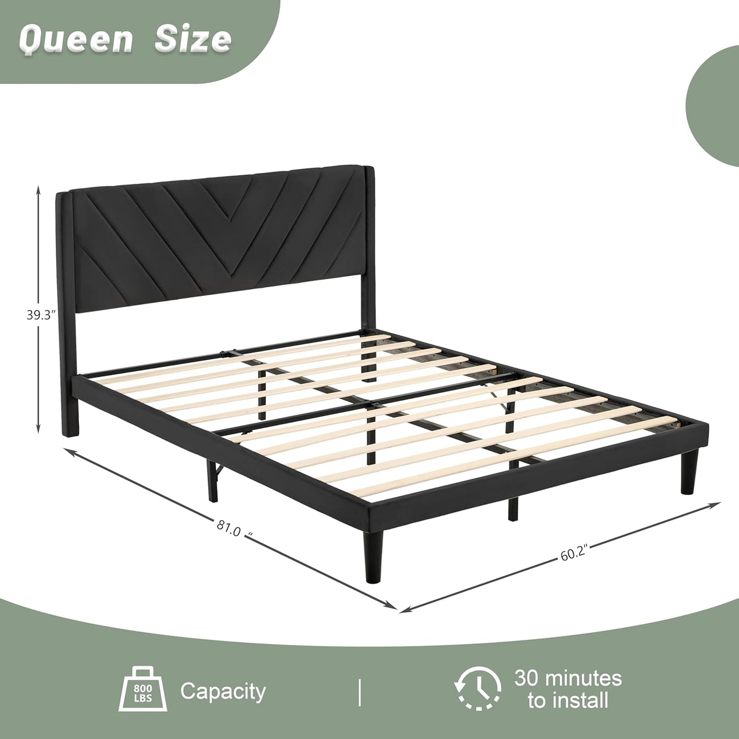 Queen Bed Frame with Headboard, Bed Frame Queen Size with Sturdy Wooden Slats Support, Platform Bed Frame with Velvet Upholstered Headboard, Mattress Foundation, Easy Assembly, No Box Spring Needed