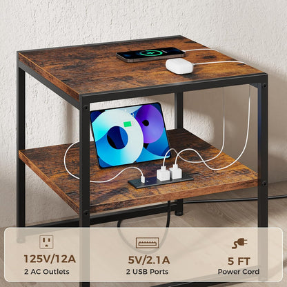 20" End Table with Charging Station, Industrial Square Side Table with USB Ports & Outlets, Versatile 2-Tier Small Nightstand for Bedroom Living Room, Rustic Brown