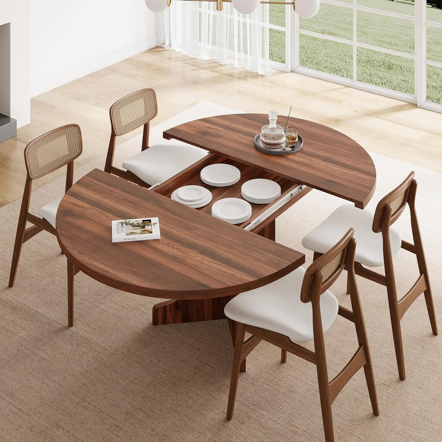 59" round Extendable Dining Room Table for 4-6, Modern Oval Kitchen Table with Heavy Duty Wood Base, Metal Frame Support, for Kitchen Dining Living Room, Easy Assembly, Walnut