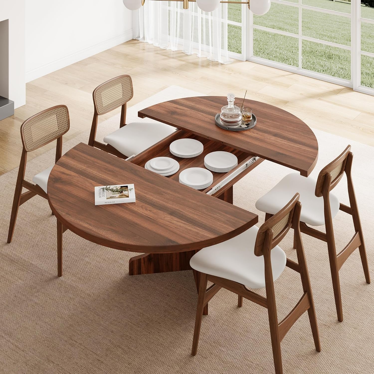 59" round Extendable Dining Room Table for 4-6, Modern Oval Kitchen Table with Heavy Duty Wood Base, Metal Frame Support, for Kitchen Dining Living Room, Easy Assembly, Walnut