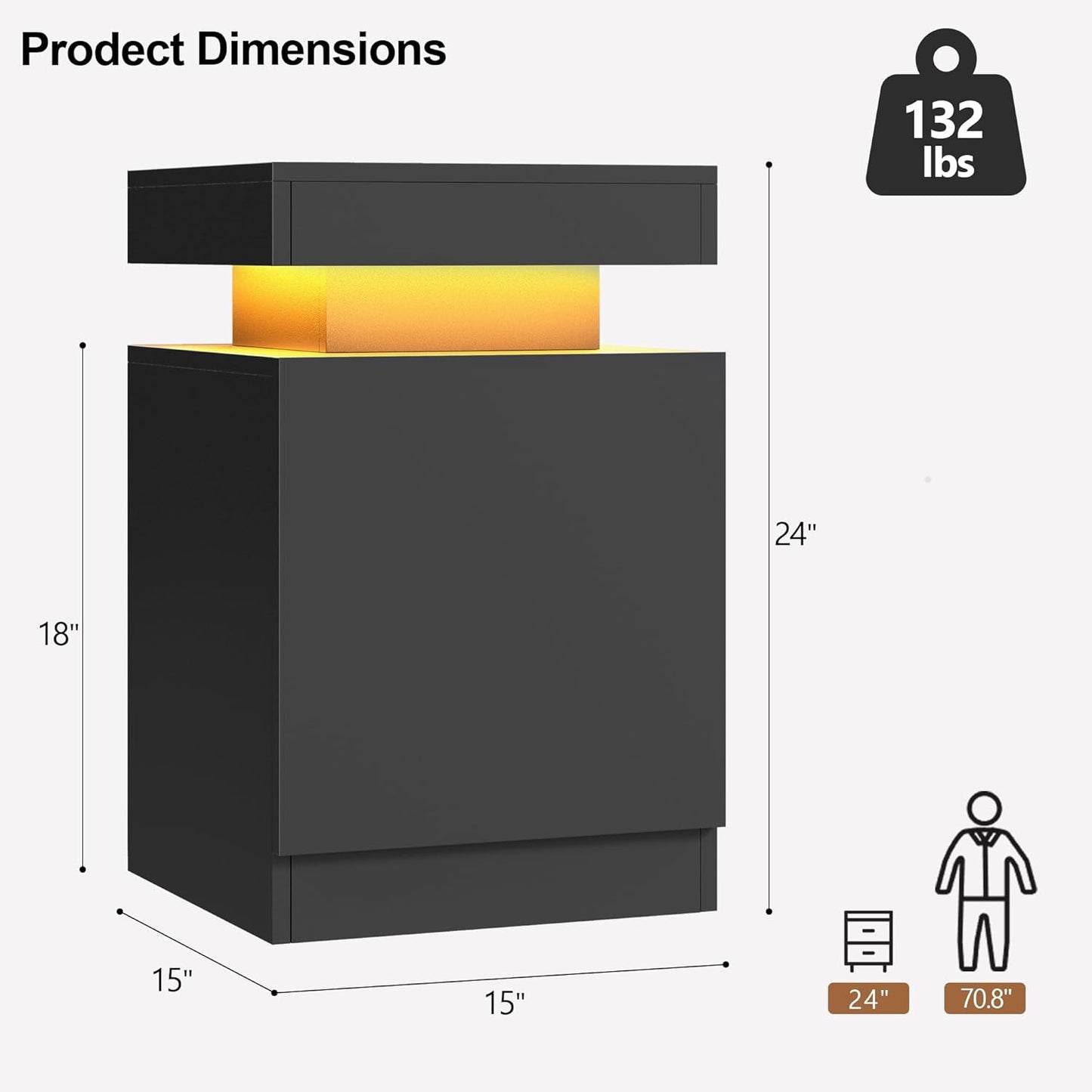 Nightstand Set of 2 with LED Lights,Night Stand with Storage Cabinet for Bedroom,Bedside Table with LED (Black, 15" / Set of 2)