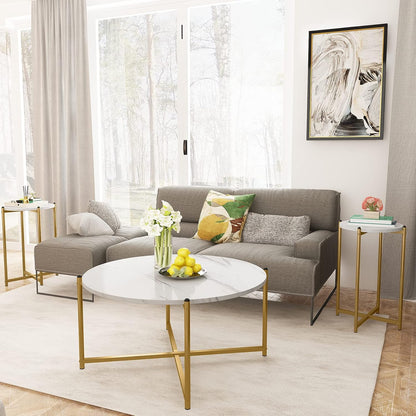Coffee Table Set of 3,Modern Faux Marble Top with Golden Frame,1 Coffee Table & 2 Accent Table, Living Room Table Set, for Apartment,Office and so On,White & Gold (LCTR-W)