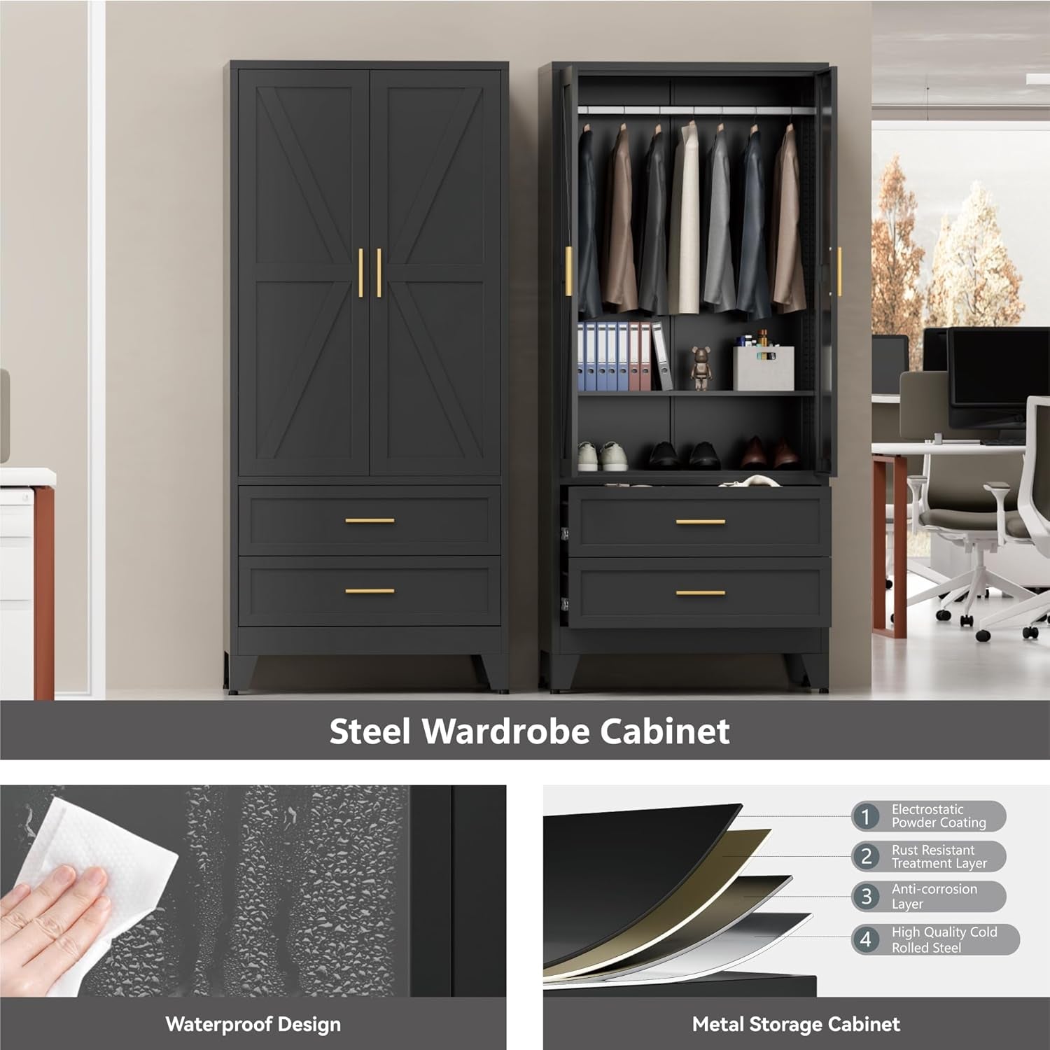 Black Metal Wardrobe Closet, Armoire Wardrobe with Two Drawers Clothes Cabinet for Bedroom, 71" Tall Farmhouse Steel Armoire Closet with Drawers and 2 Doors Clothing Storage Cabinet with Hanging Rod