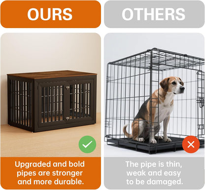 32" Heavy Duty Dog Crate Furniture for Small,Medium and Large Dogs,Rustic Wooden Dog Cage Kennel Indoor Furniture with Waterproof Top,Decorative Pet House Side End Table (White & Wood)