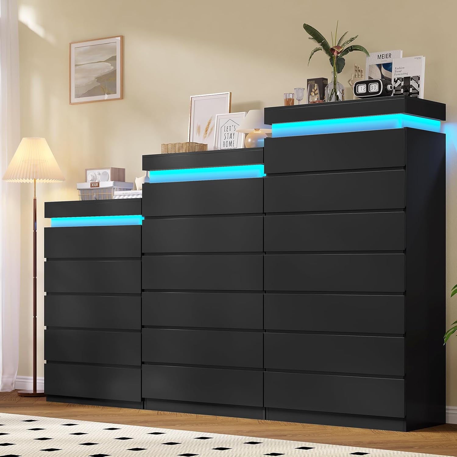 Tall 6 Drawer Dresser with LED Light, Black Modern Chest of Drawers for Bedroom,Closet Dressers with Drawers for Living Room, Entryway, Hallway