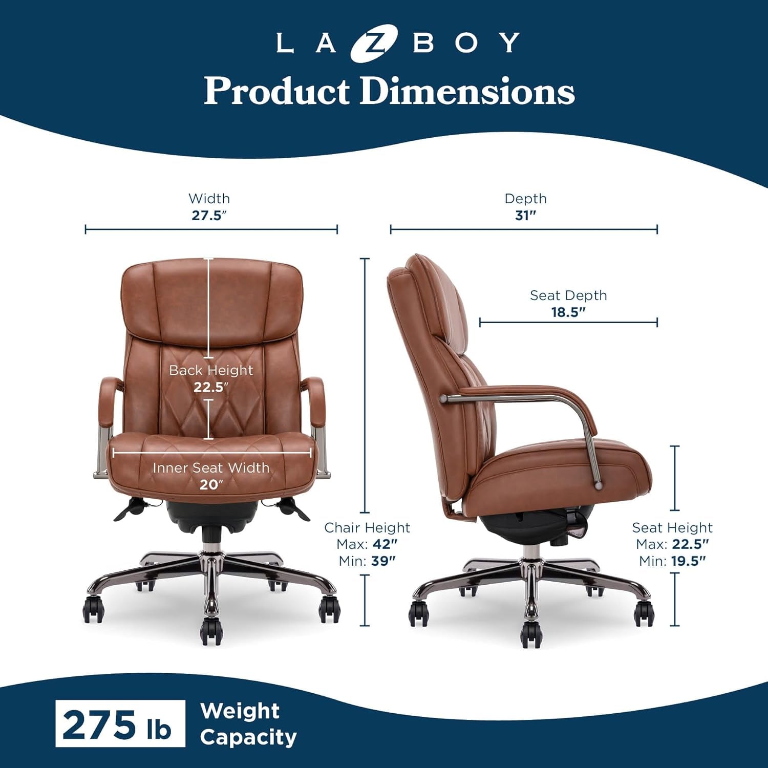 Symphony Executive Mid-Back Office Chair, Diamond Quilt Seat and Back, Pocket Coil Cushion, Padded Armrests, Ergonomic Computer Deskchair, Swivel Metal Base, Bonded Leather, Cognac/Graphite