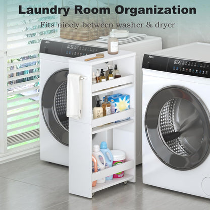 White Slim Storage Cart with Wheels, 4 Tier Rolling Utility Cart with Handle Slide Out Shelving Unit Organizer Trolley for Laundry Kitchen Bathroom Narrow Places Small Corner