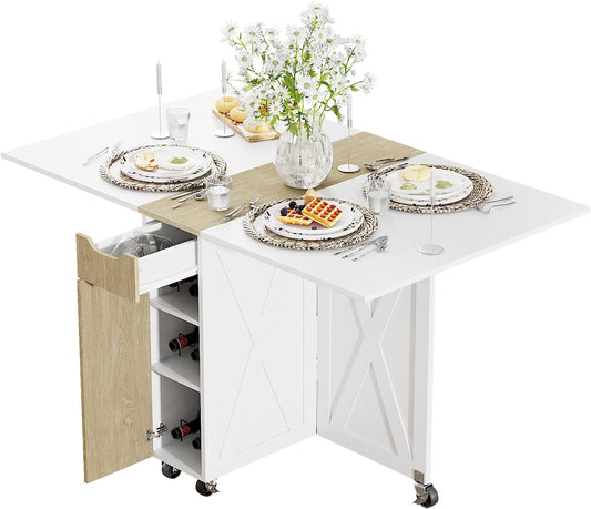 Folding Dining Table, Small Dining Table, Space Saving Dining Table with 6 Wheels, Kitchen Table Sewing Table for Small Spaces (White)