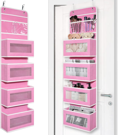 over Door Organizer with 4 Large Capacity Pockets, Hanging Organizer Storage for Closet Bathroom Nursery Bedroom Dorm, Toys Cosmetics Sundries and Baby Essentials, Pink