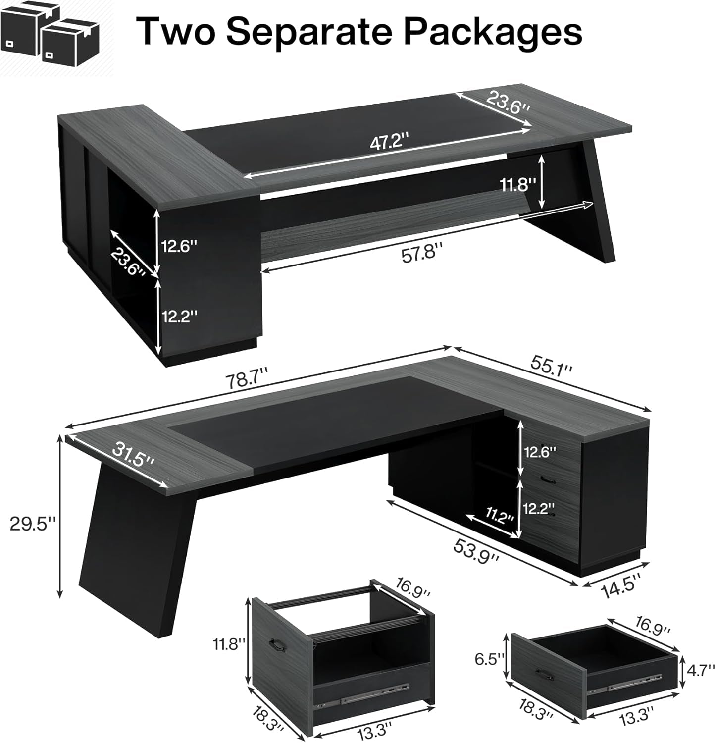 78" L-Shaped Executive Desk, Large Modern Office Desk with Drawers and Lateral File Cabinet, Business Furniture with Storage Shelves, Big Computer Desk for Home Office (Grey + Blcak)