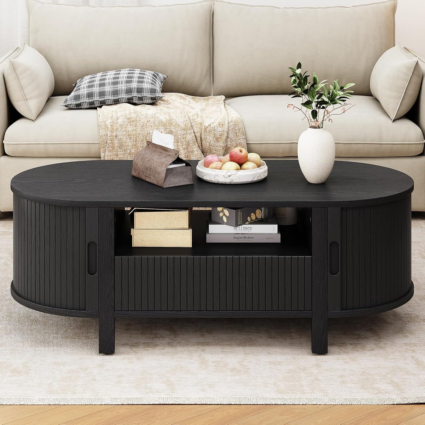 47.2 Inch Oval Coffee Table with Storage, Mid Century Modern Coffee Table with Drawer, Center Table with Sliding Door and Wood Fluted Handle for Living Room, Black