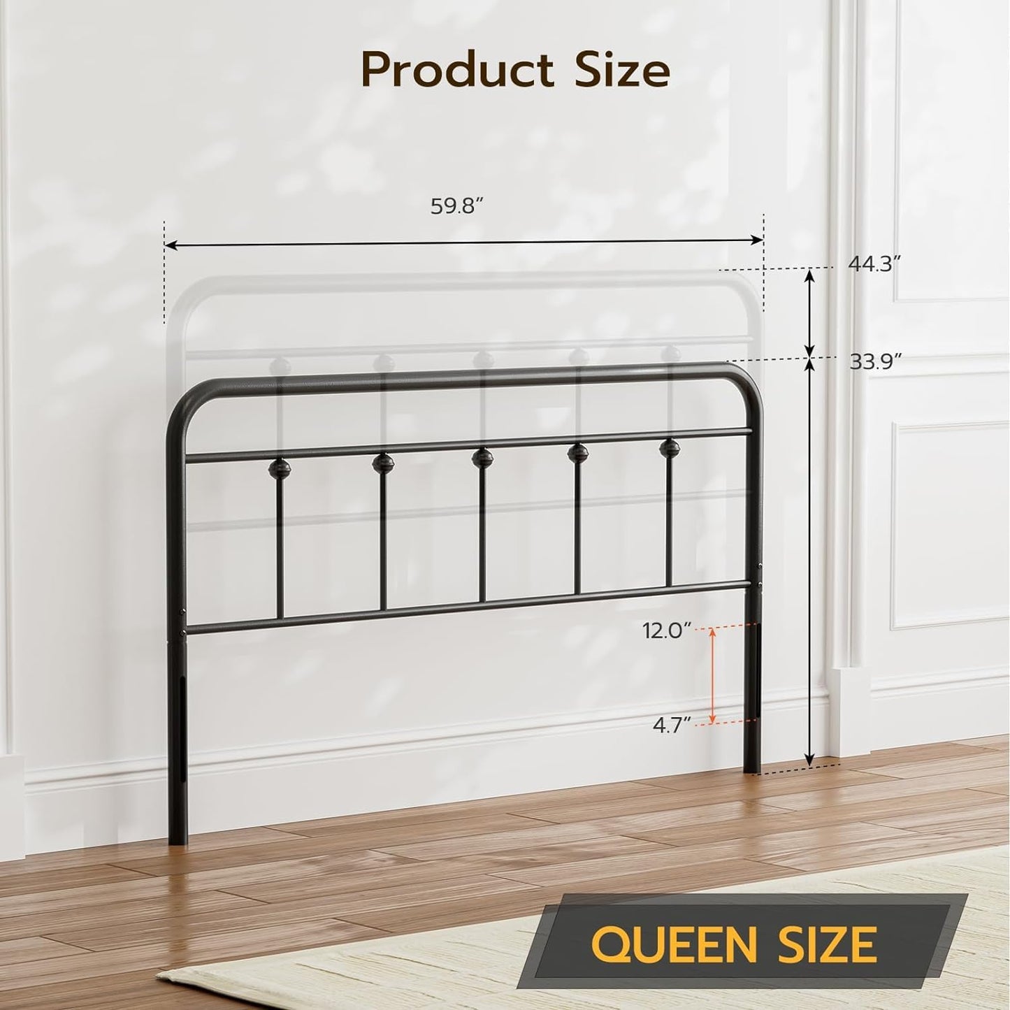 Queen Size Headboard with Black Metal Construction, Adjustable Height, Sturdy Farmhouse Wrought Iron Headboards Only
