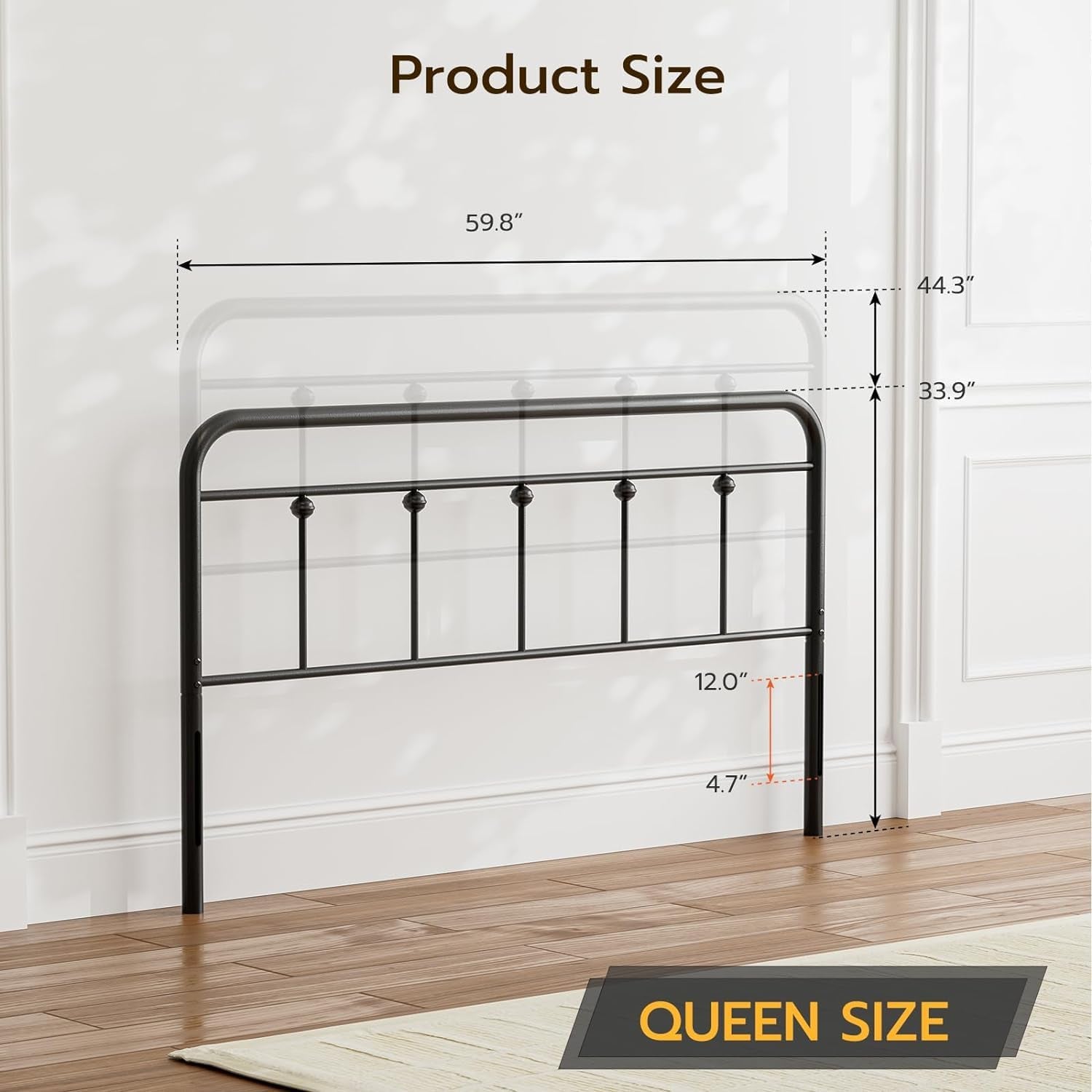 Queen Size Headboard with Black Metal Construction, Adjustable Height, Sturdy Farmhouse Wrought Iron Headboards Only