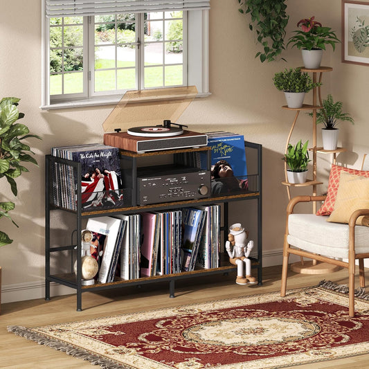Large Vintage Record Player Table with 4 Adjustable Dividers, Vinyl Record Storage Cabinet for up to 350 Albums, Medieval Turntable Stand for Living Room, Bedroom (Patent Pending)