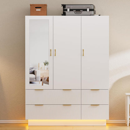 Armoire Wardrobe Closet with 3 Door, Bedroom Armoires with Mirror and LED Lights, Hanging Rod, Drawers, Large Capacity Storage Wardrobe Armoire for Bedroom