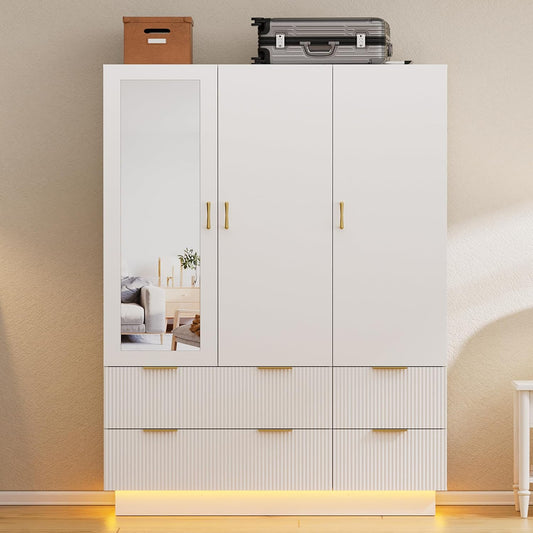 Armoire Wardrobe Closet with 3 Door, Bedroom Armoires with Mirror and LED Lights, Hanging Rod, Drawers, Large Capacity Storage Wardrobe Armoire for Bedroom