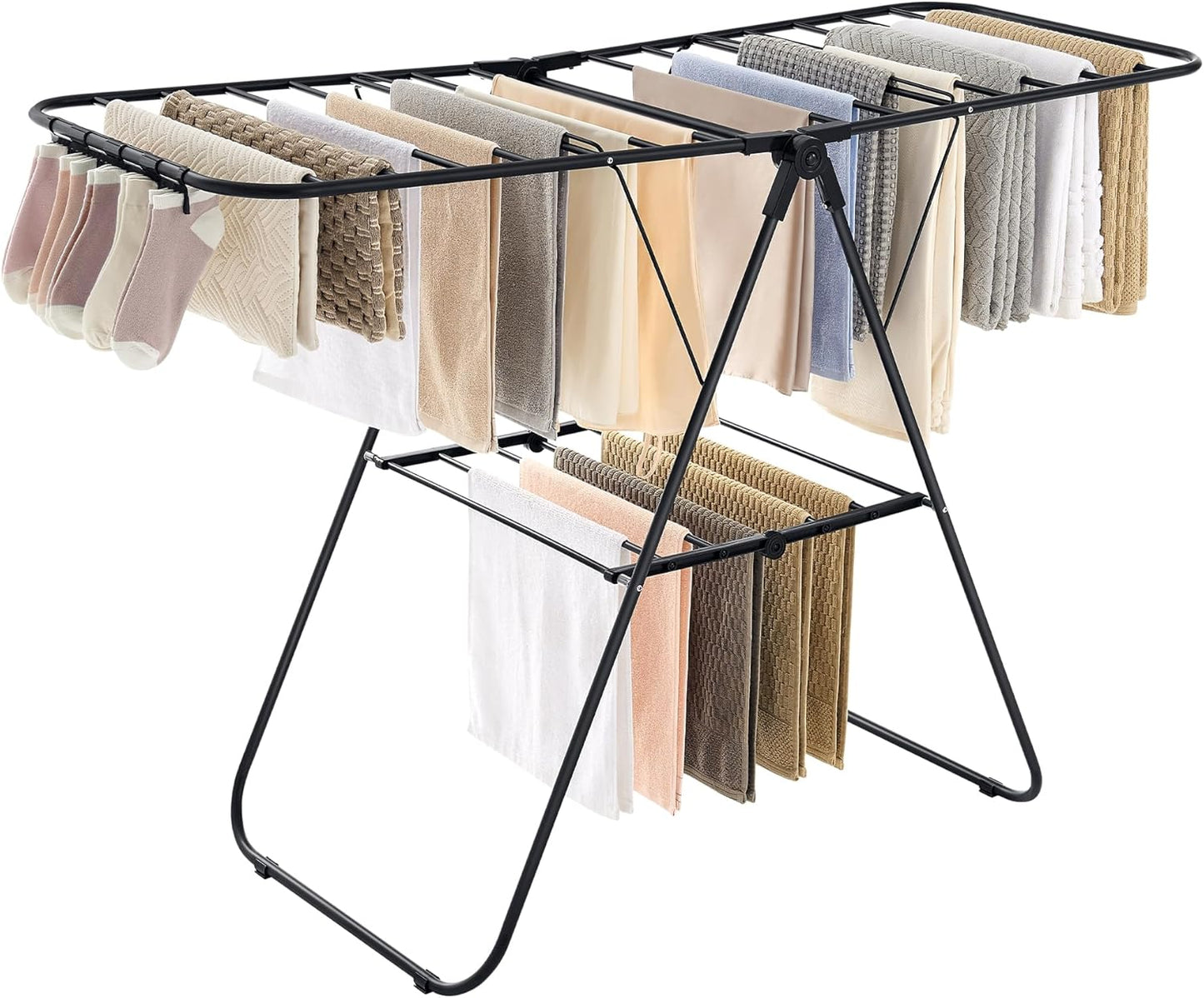 Clothes Drying Rack, with Sock Clips, Metal Laundry Rack, Foldable, Space-Saving, Free-Standing Airer, with 2 Height-Adjustable Gullwings, Indoor Outdoor Use, Silver and Blue ULLR52BU