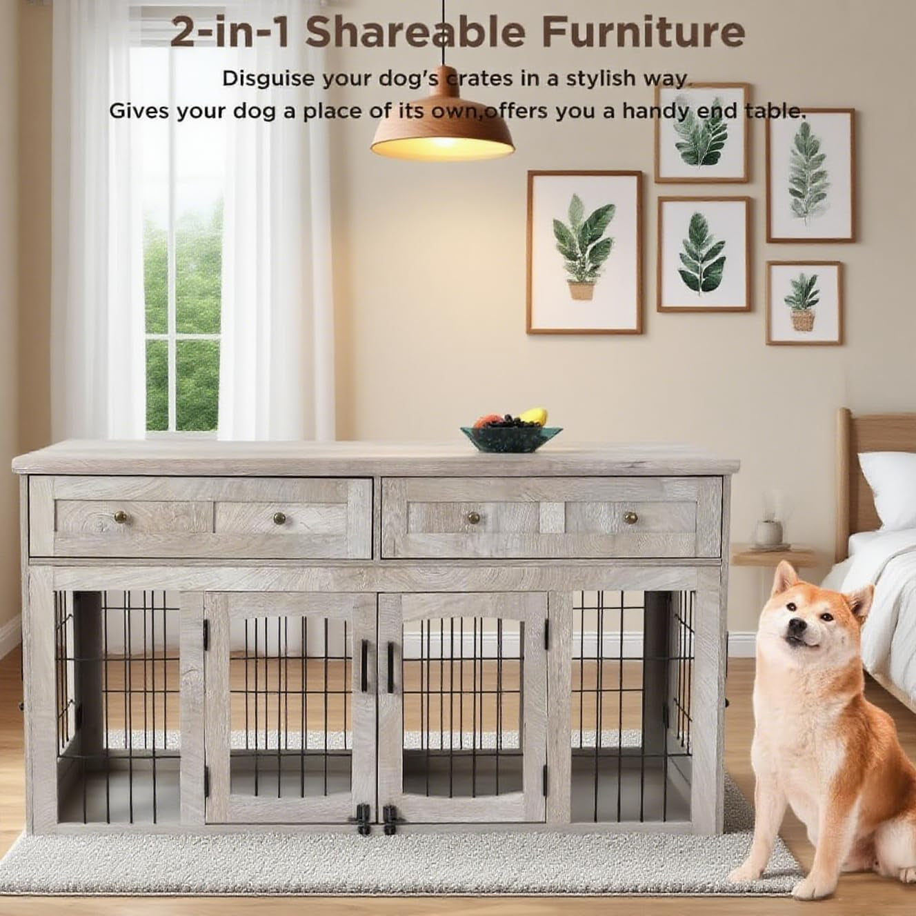 58" Dog Crate Furniture with 5 Doors & 2 Drawers, Wooden Indoor Pet House Kennel for 2 Dogs (Large/Medium Breeds), Openable Divider, Heavy Duty Double Dog Cage, TV Stand End Table,Grey