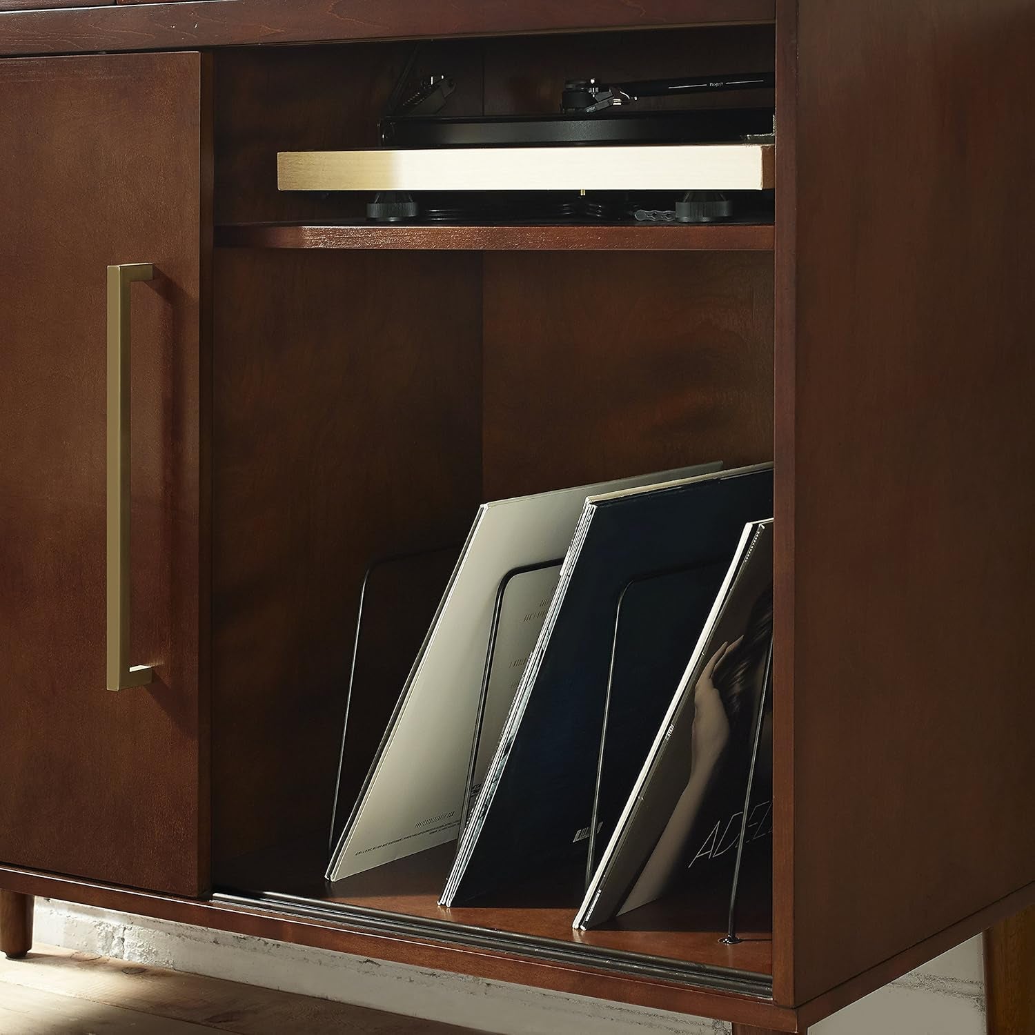 Everett Media Console and Record Player Stand with Storage for Vinyl Records, Mahogany