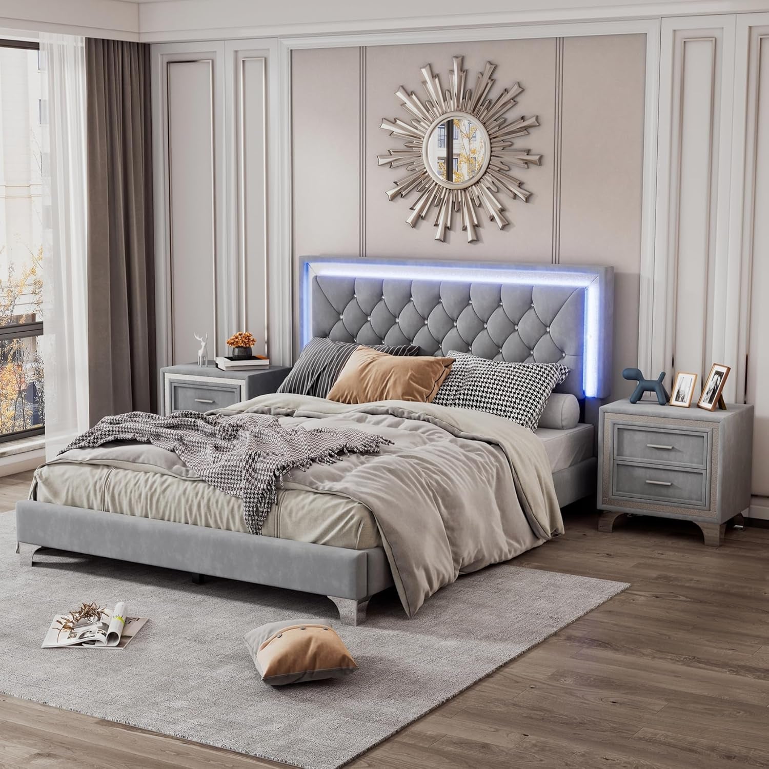 3-Piece Queen Bedroom Set, Upholstered Platform Bed with LED Lights and 2 Nightstands, Modern Gray