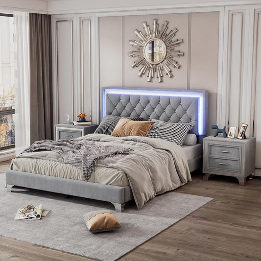 3-Piece Queen Bedroom Set, Upholstered Platform Bed with LED Lights and 2 Nightstands, Modern Gray