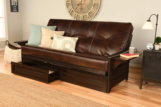 Phoenix Full Size Futon in Espresso Finish with Storage Drawers, Oregon Trail Java