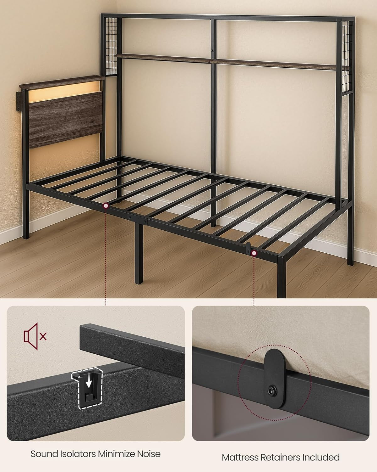 Twin Size Metal Bed Frame with Headboard, Multifunctional Storage, Built-In LED Lights, Charging Station, Bookshelf, Bedside Shelf, Space-Saving, No Box Spring Needed, Ash Brown URMB963K01