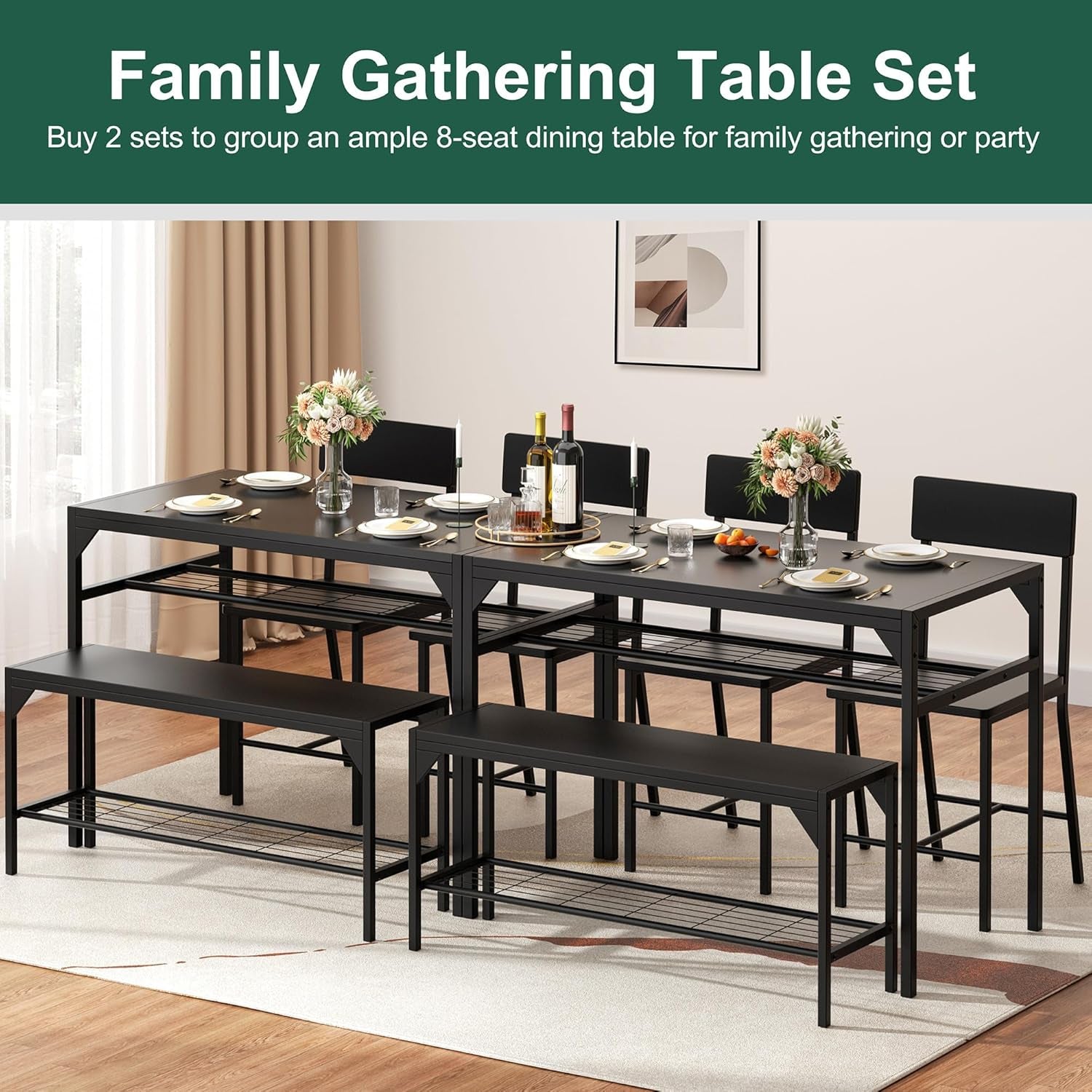 Kitchen Table Chairs Set of 4, Dining Table Set for 4 with Bench and Chairs, 4 Pieces Kitchen Table Set with Storage Rack & Metal Frame for Small Space, Black