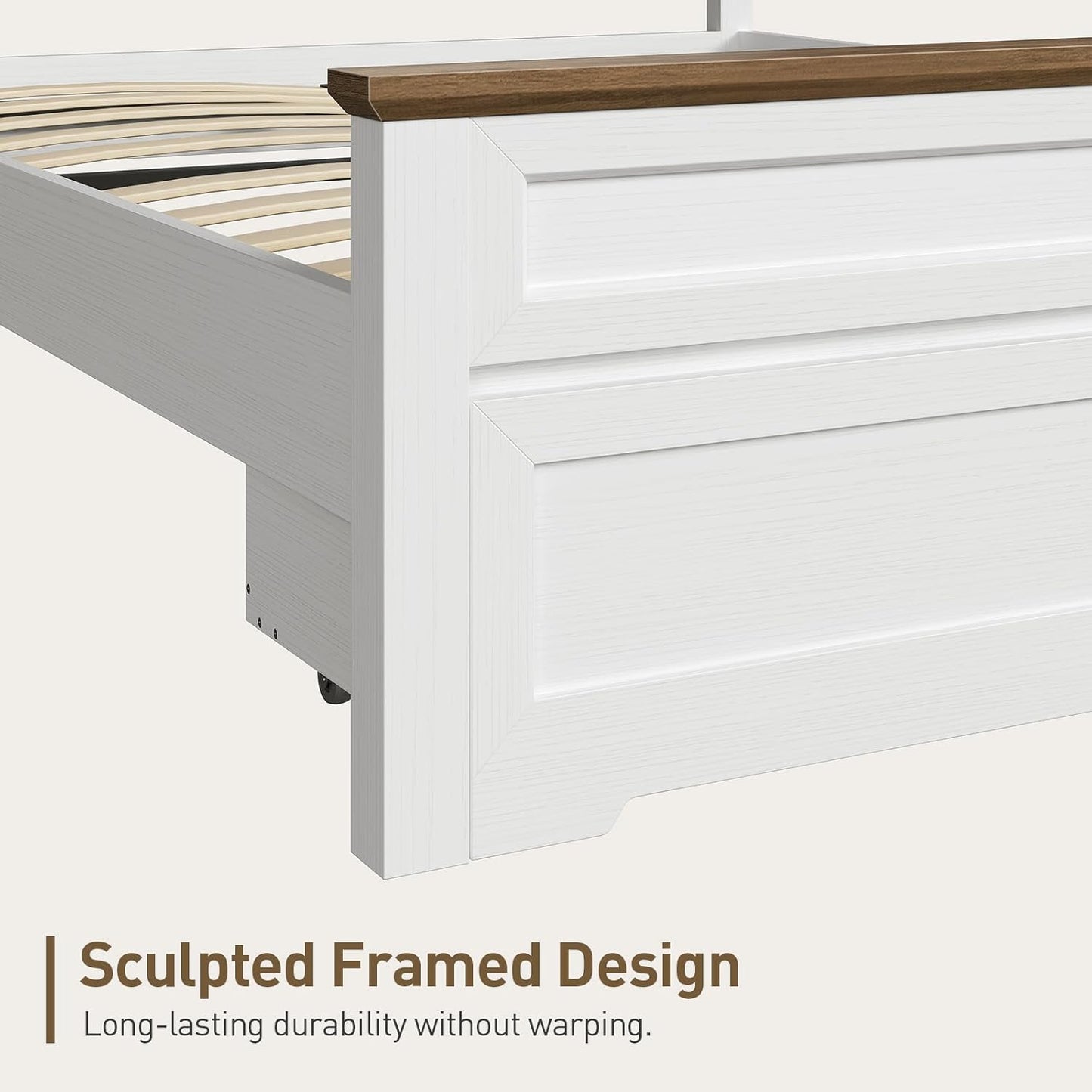 Farmhouse Full Size Bed Frame with 51.2" Tall Headboard & Footboard, Wooden Platform Bed Frame with Large Storage Drawers, No Squeak, No Box Spring Needed, White and Walnut