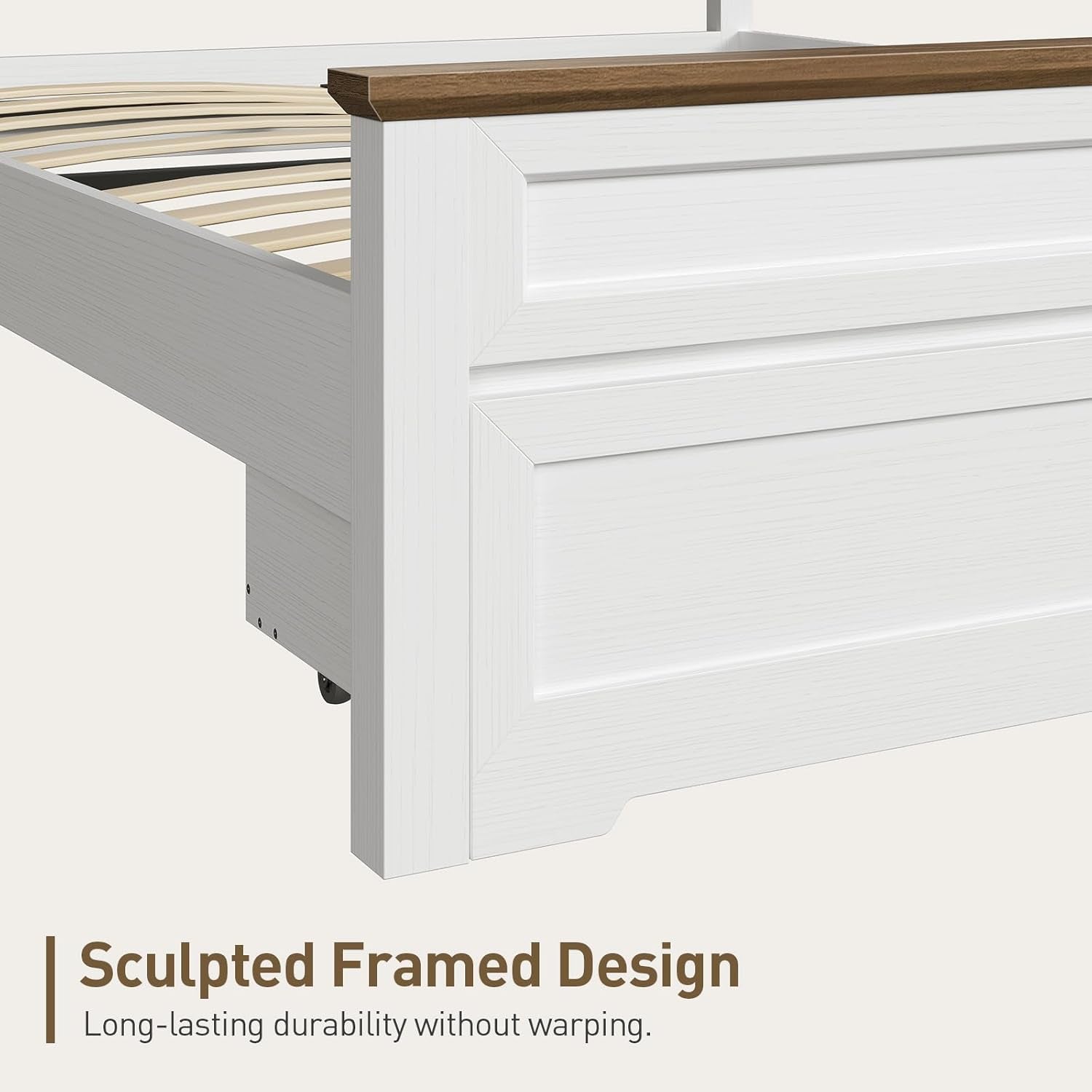 Farmhouse Full Size Bed Frame with 51.2" Tall Headboard & Footboard, Wooden Platform Bed Frame with Large Storage Drawers, No Squeak, No Box Spring Needed, White and Walnut