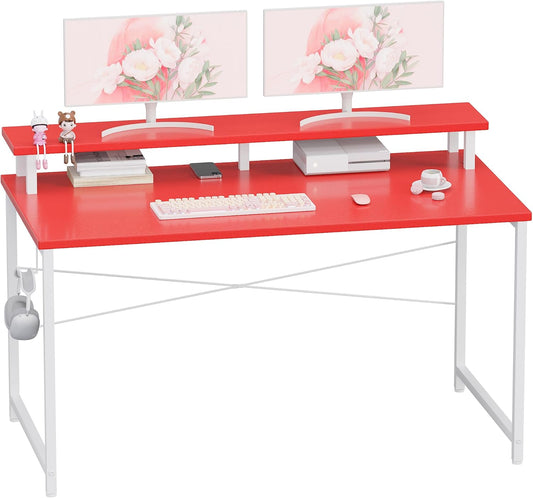47 Inch Small Computer Desk with Monitor Stand, Simple Office Desk with Headphone Hook for Small Spaces, Kids Study Writing Table for Bedroom, Red