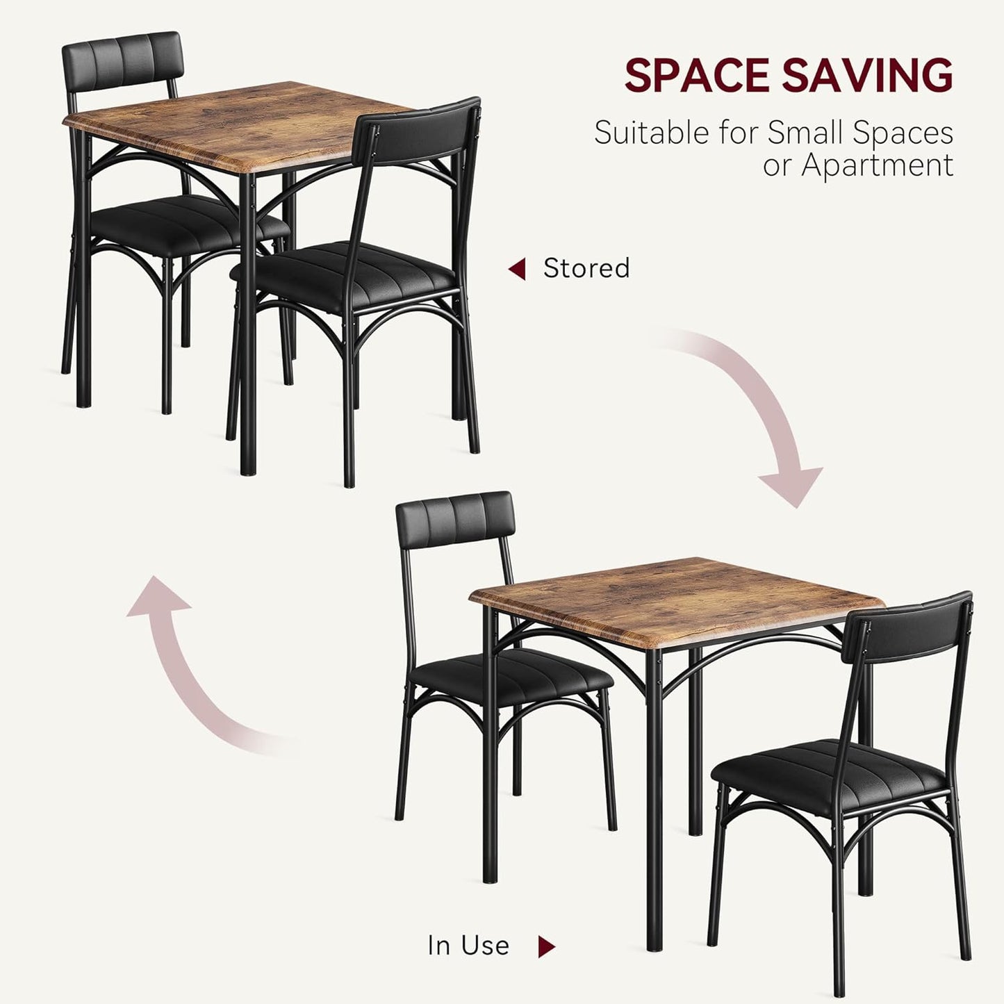 Dining Table Set for 2, Kitchen Table and Chairs for 2 with Upholstered Chairs, 3 Piece Dining Room Table Set, Square Kitchen Table Set for Small Space, Apartment, Studio, Rustic Brown