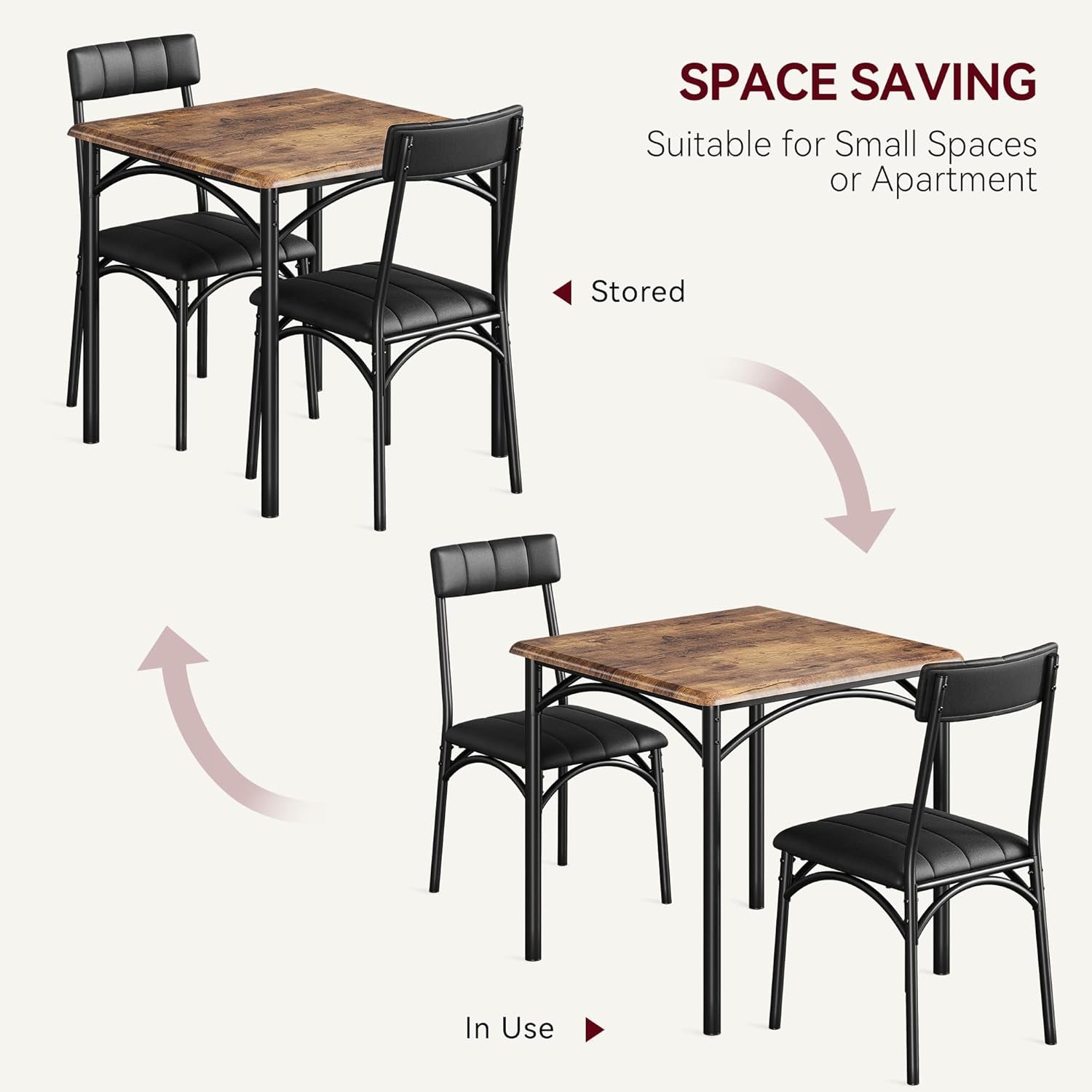 Dining Table Set for 2, Kitchen Table and Chairs for 2 with Upholstered Chairs, 3 Piece Dining Room Table Set, Square Kitchen Table Set for Small Space, Apartment, Studio, Rustic Brown