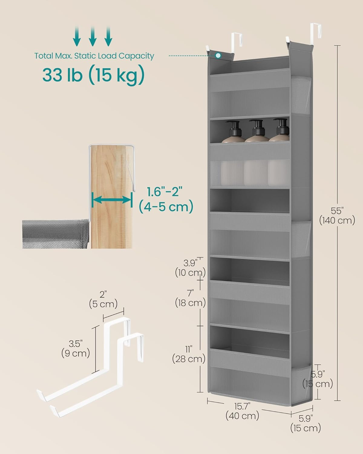 over the Door Organizer, Hanging Door Organizer with 5 Large Pockets, 5-Tier Fabric Storage, Transparent Nylon Mesh, Foldable, Metal Hooks, with Side Pouches, Dove Gray URDH007G01