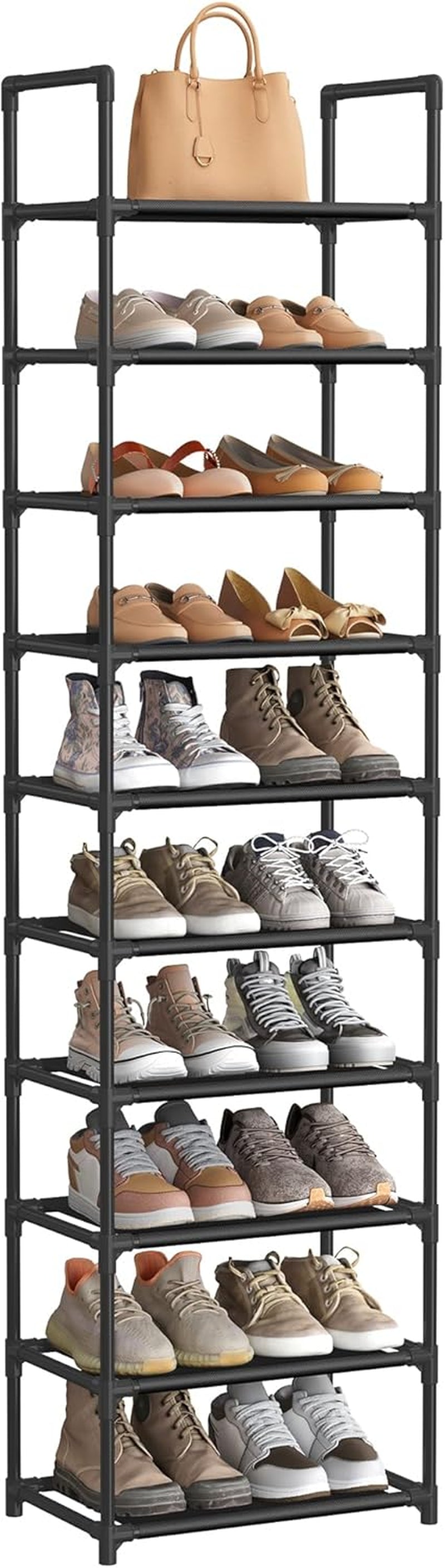 Shoe Rack, 10 Tier Shoe Shelf, Shoe Storage Organizer, Space-Saving, 11 X 17.7 X 68.1 Inches, Metal Frame, Non-Woven Fabric Shelves, for Entryway, Bedroom, Black ULSH010B02