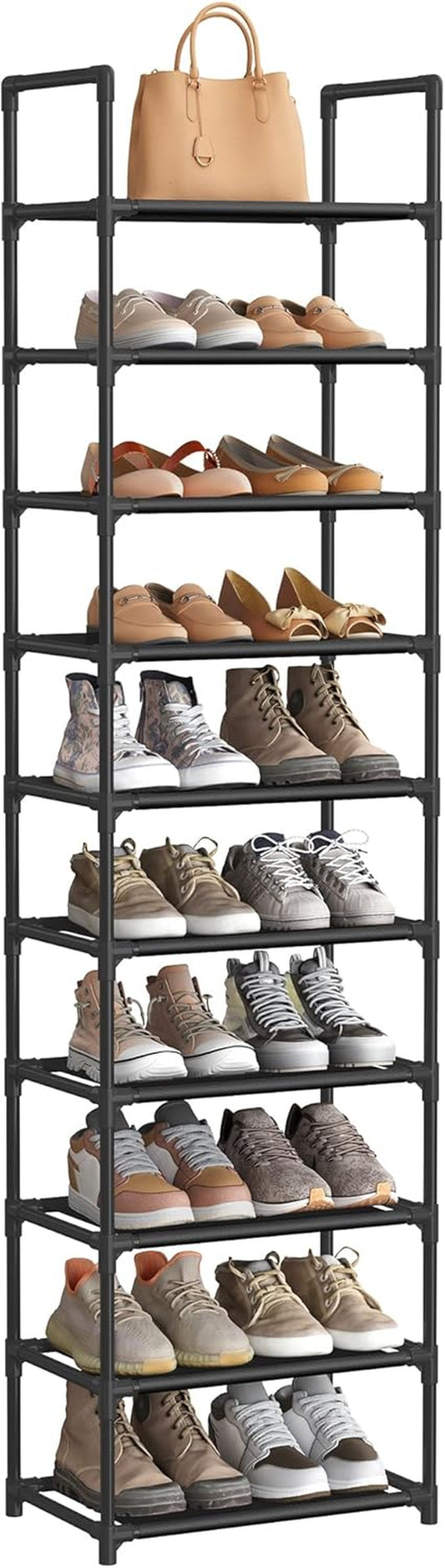 Shoe Rack, 10 Tier Shoe Shelf, Shoe Storage Organizer, Space-Saving, 11 X 17.7 X 68.1 Inches, Metal Frame, Non-Woven Fabric Shelves, for Entryway, Bedroom, Black ULSH010B02