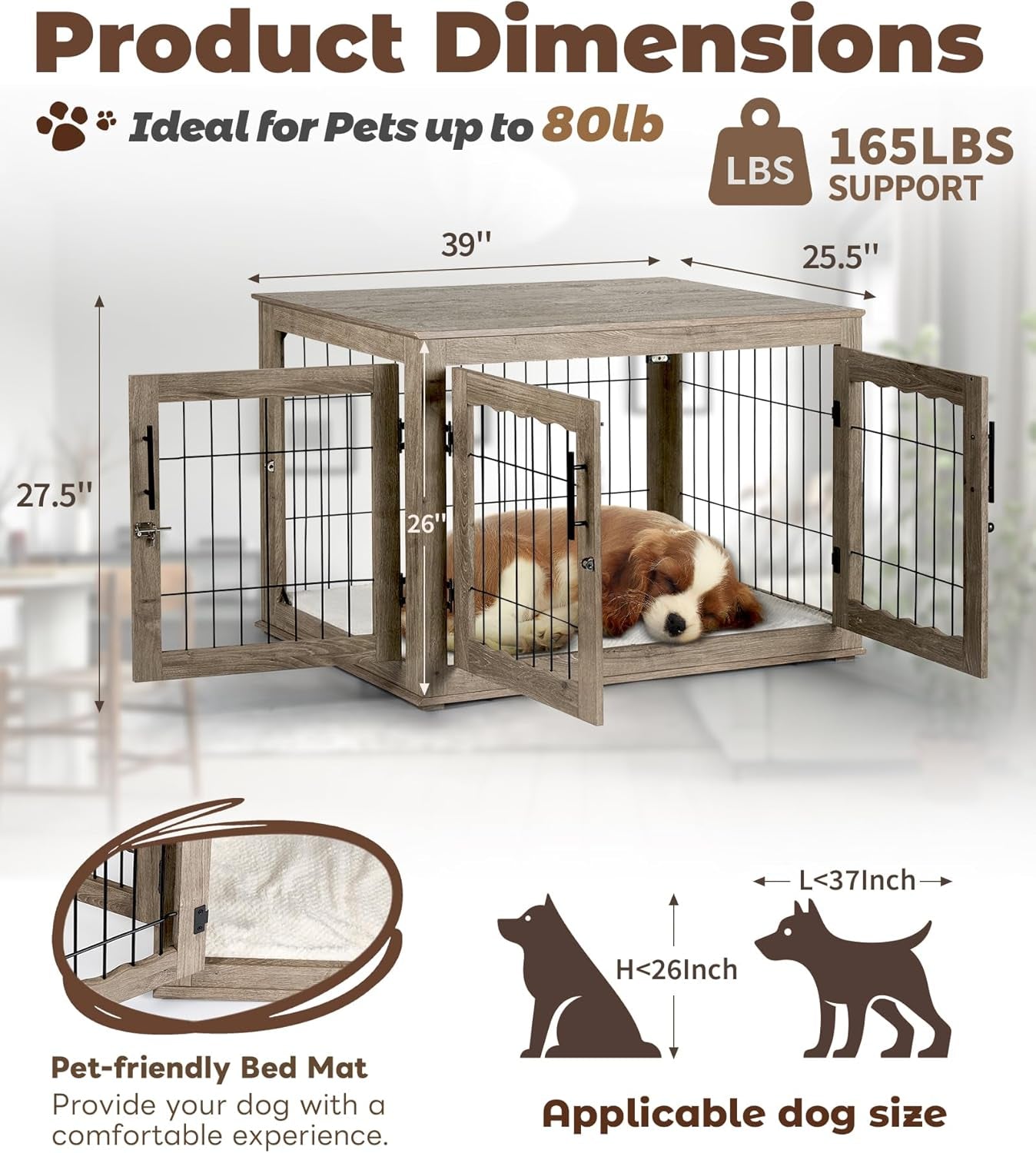 Dog Crate Furniture, 32 Inch Medium Dog Crates with Bed Mat, Wooden Dog Kennel Furniture, End Side Table Dog Cage with 3 Doors, Greige