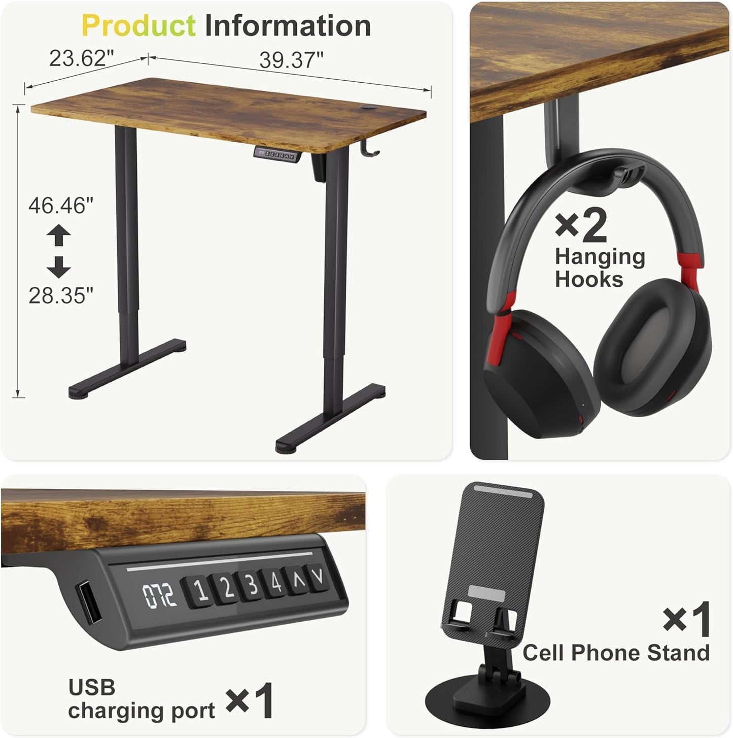 Electric Standing Desk, 45 X 24 Inches Sit Stand up Desk, Sit Stand Height Adjustable Home Office Desk with 4 Height Position Memory - with Splice Board (Rustic Brown, 48)