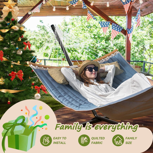 Double Hammock, 11 FT Quilted Fabric 2 Person Hammock for outside with Pillow, Folding Curved Spreader Bar, Chains, Carrying Bag, Indoor Outdoor, 450 IB Capacity, Jeansblue